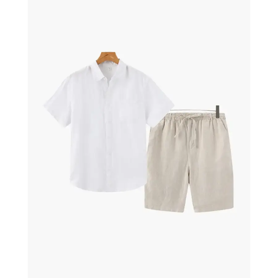 Linen Blend Summer Set (Shirt & Shorts) - White / Beige / S