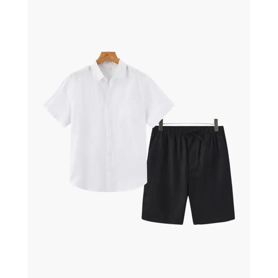 Linen Blend Summer Set (Shirt & Shorts) - White / Black / S