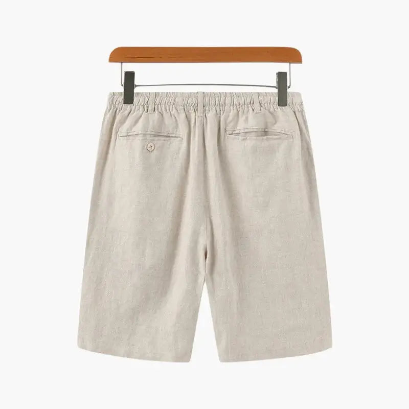 Beige tailored linen blend shorts back view, size medium