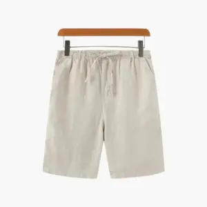 Beige tailored linen blend shorts front view, size small