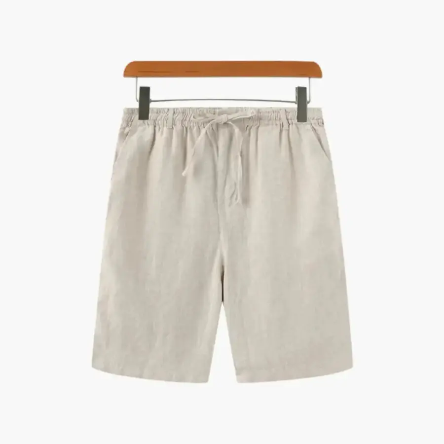 Beige tailored linen blend shorts front view, size small