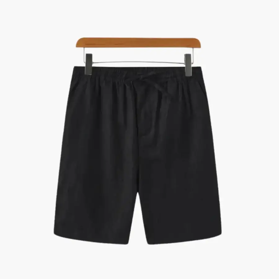 Black tailored linen blend shorts front view, size small