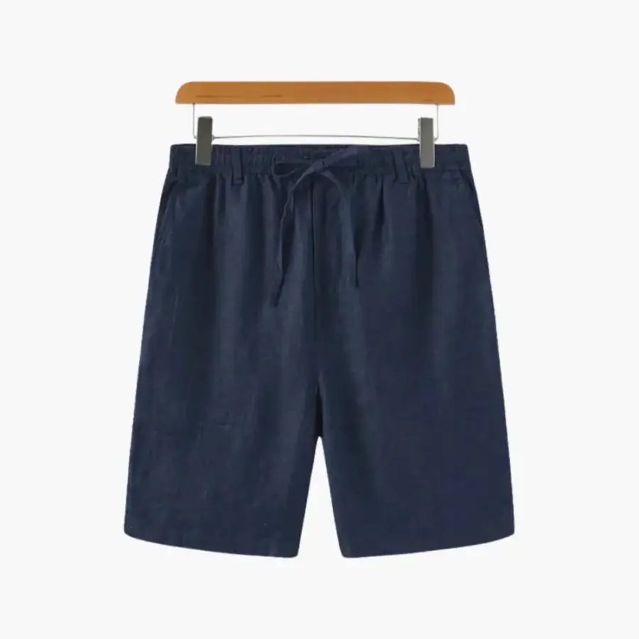 Navy tailored linen blend shorts front view, size small
