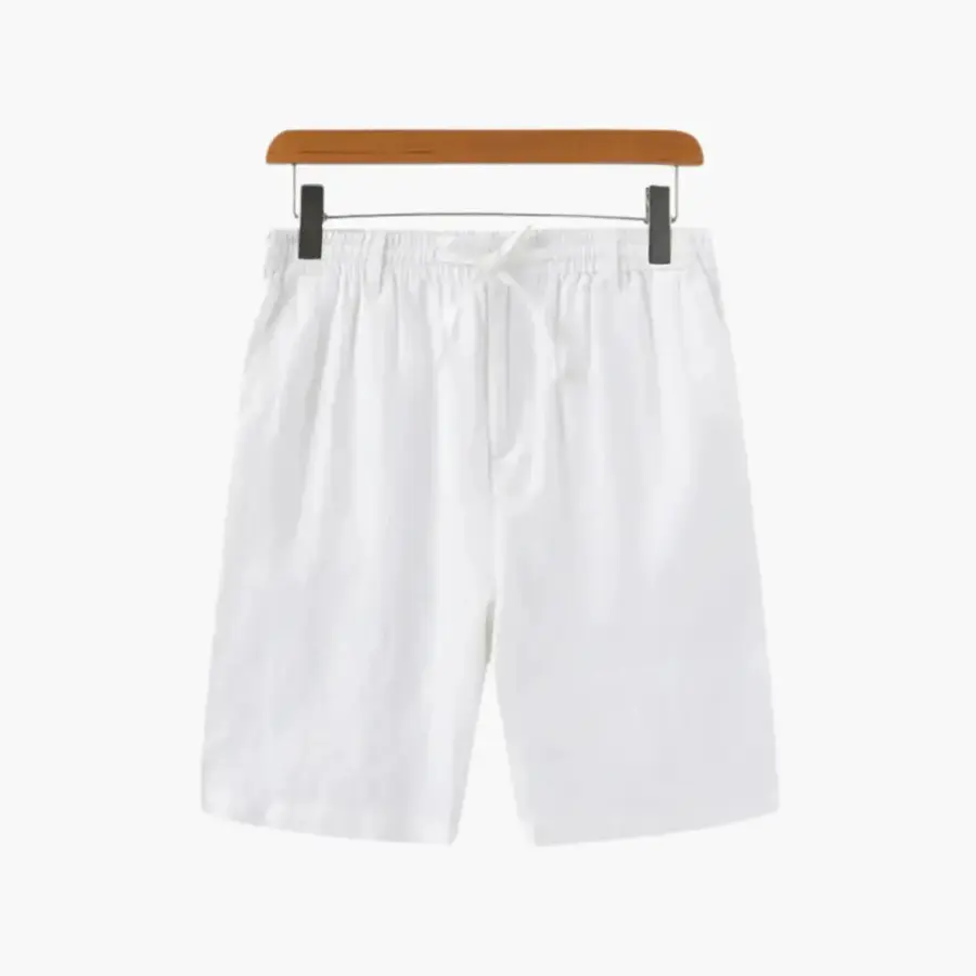 White tailored linen blend shorts front view, size small