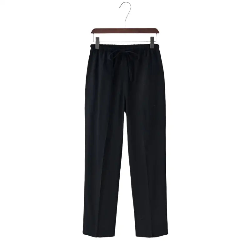 Linen trousers in charcoal black, size small, drawstring waistband detail