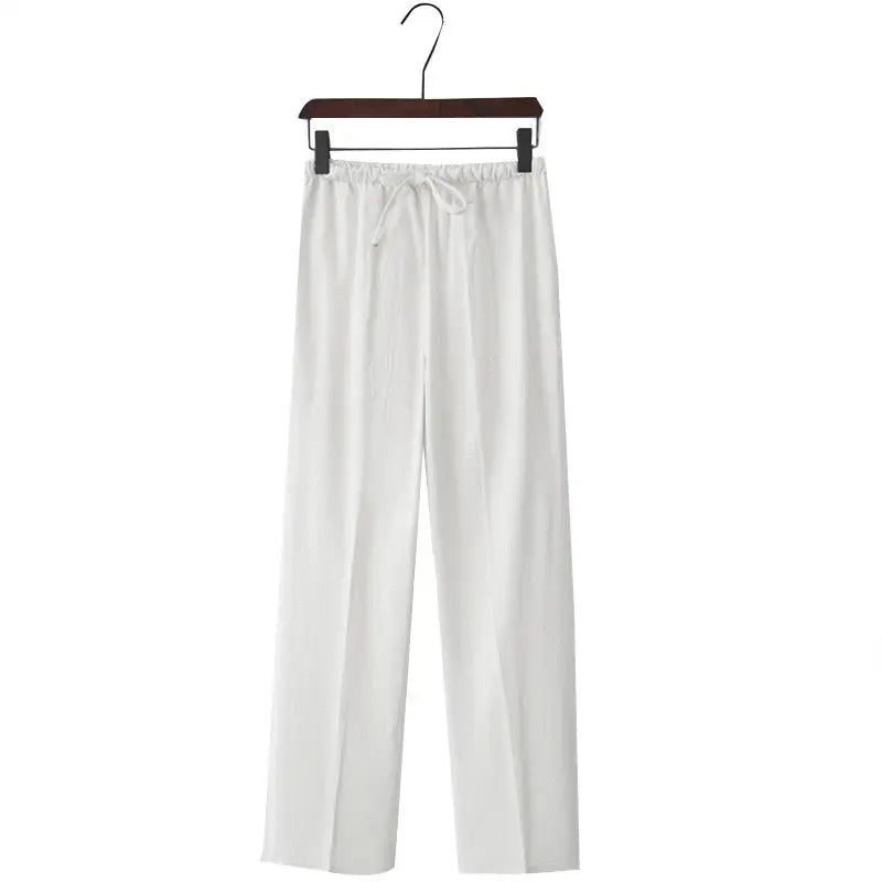 Linen drawstring trousers in white linen, size small, relaxed straight-leg fit