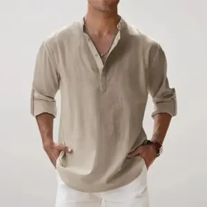 linen-v-neck-relaxed-shirt-khaki-s-217 Linen V-Neck Relaxed Shirt - Khaki / S