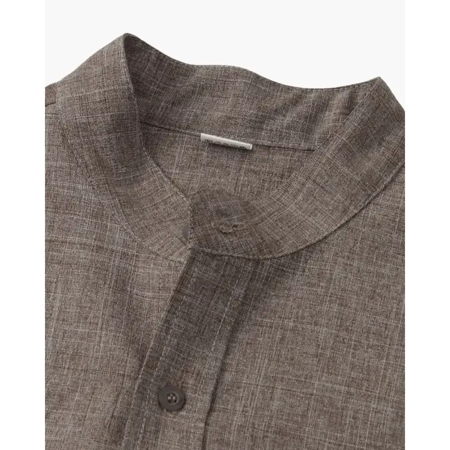 Beaumont shirt layered under navy blazer mandarin collar