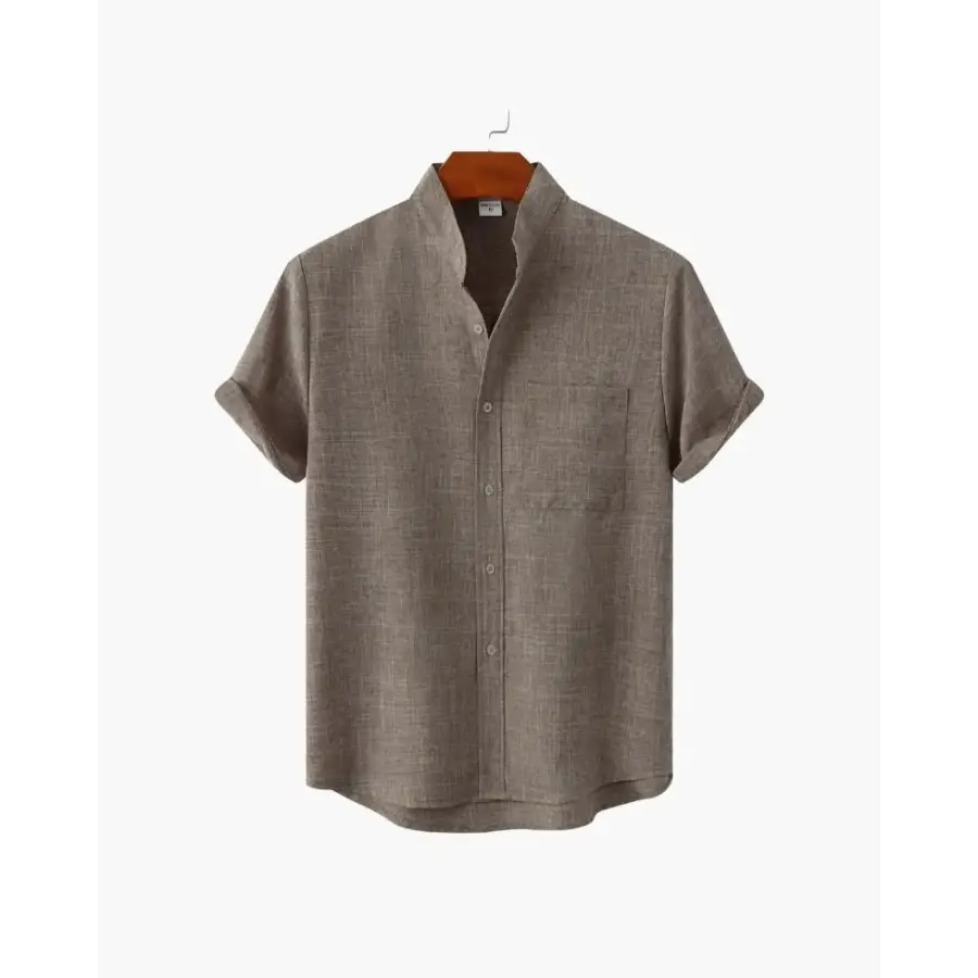 Beaumont mandarin collar shirt brown size small on model