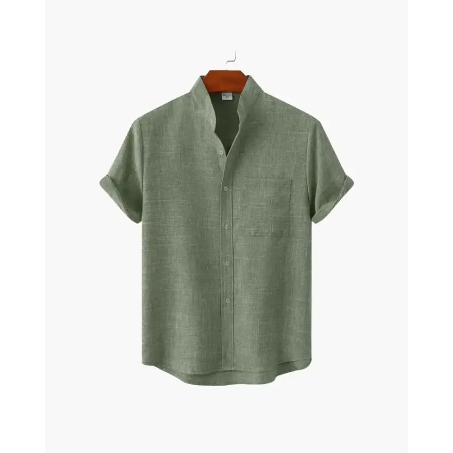 Beaumont mandarin collar shirt green size small front view rolled cuffs