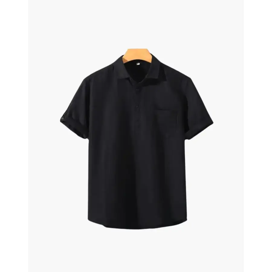 Minimalist Linen Blend Short Sleeve Shirt - Black / M