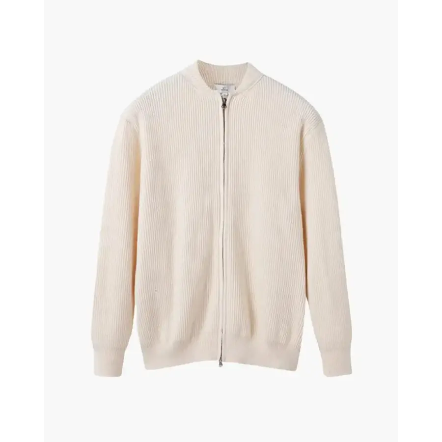 Minimalist zip cardigan in Beige on model size Small, worn unbuttoned over white shirt