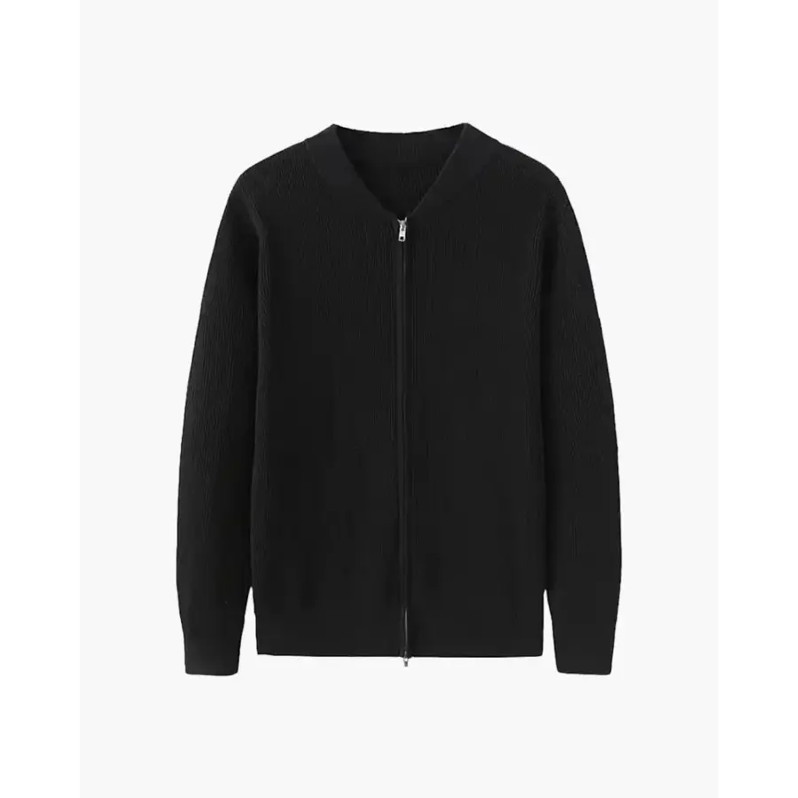 Black minimalist zip cardigan on model size Small, showing structured yet relaxed fit