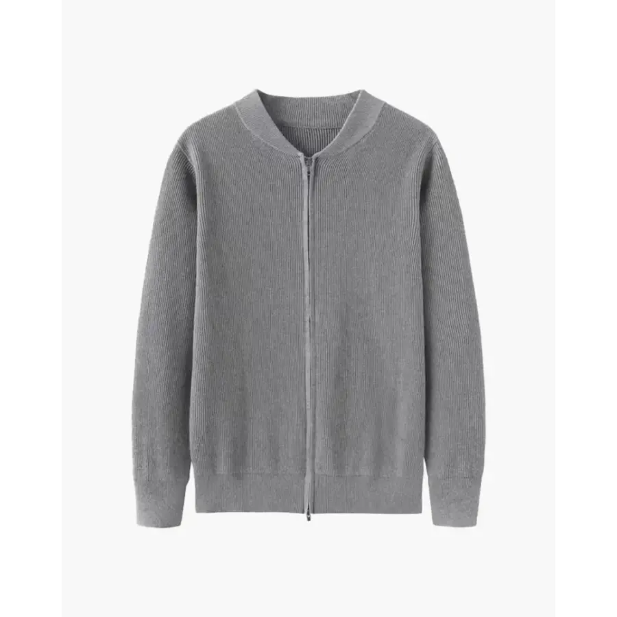 Grey cotton-blend zip cardigan on model, layered under camel coat