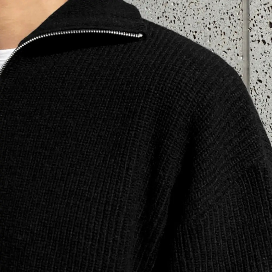 Cotton quarter-zip sweater in charcoal color, rear view showing drop shoulder seam and relaxed back panel