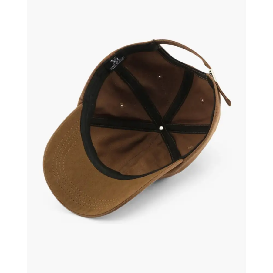 Detail of adjustable strap on cotton baseball cap, back view
