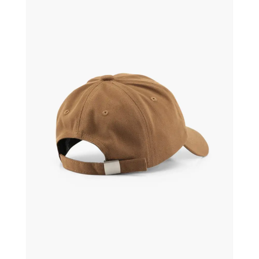 Cotton baseball cap flat lay, showing crown depth and bill length