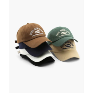 new-york-cap-958 Cotton baseball cap in neutral color, front view with adjustable strap