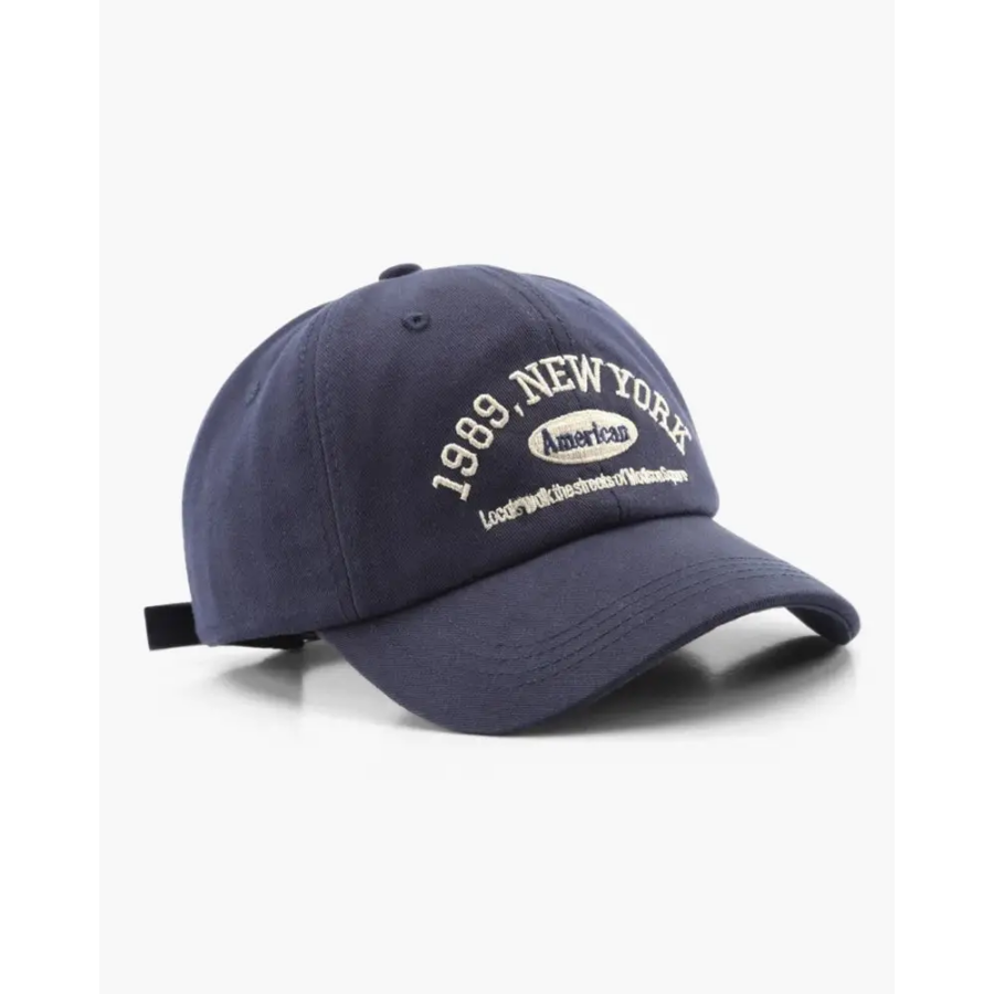 Marine blue cotton twill baseball cap, three-quarter view