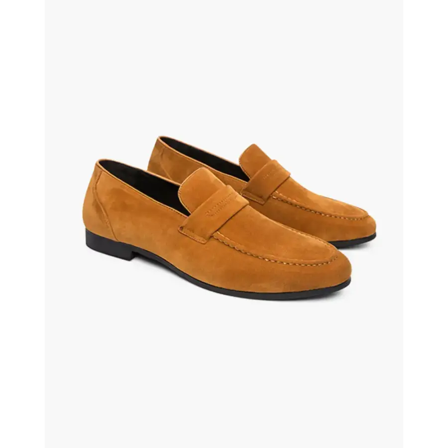Caramel suede loafer, vegetable-tanned calf, develops patina with wear