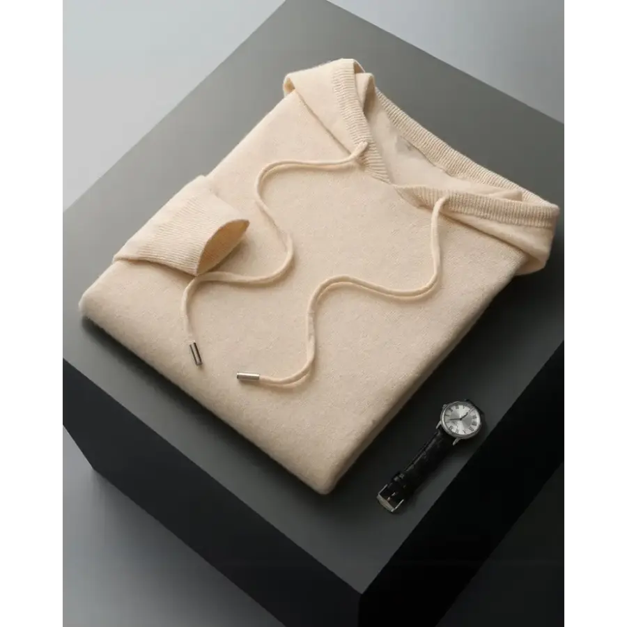 Beige cashmere hoodie front view, drawstring hood detail