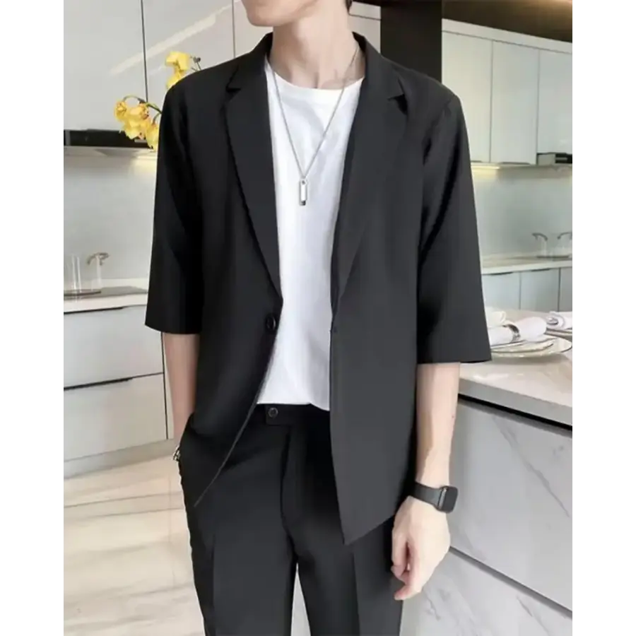 Men's old money blazer and matching trousers in black, full outfit view