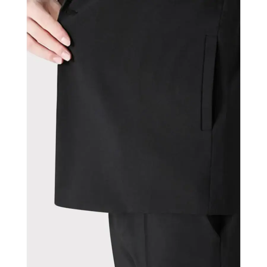 Cotton-polyester blazer and pants set in black, worn as coordinated outfit