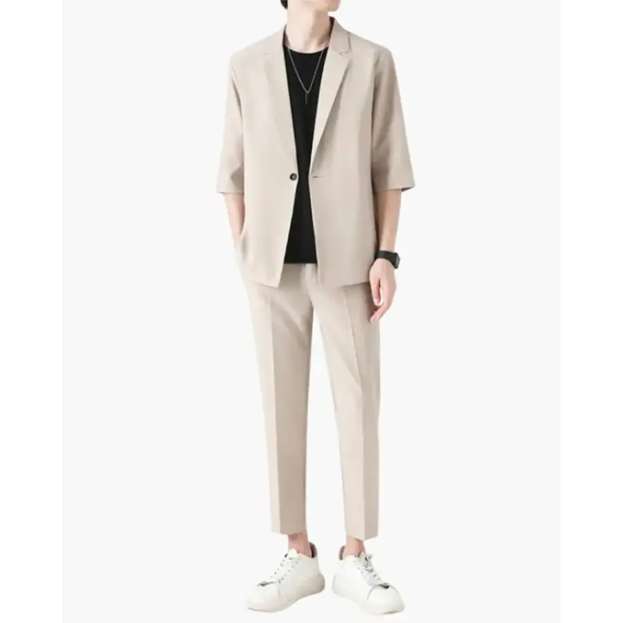 Old money casual blazer and pants set in beige, size S, full look