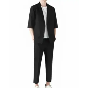 old-money-casual-blazer-pants-black-s-647 Old money casual blazer and pants set in black, size S, front view