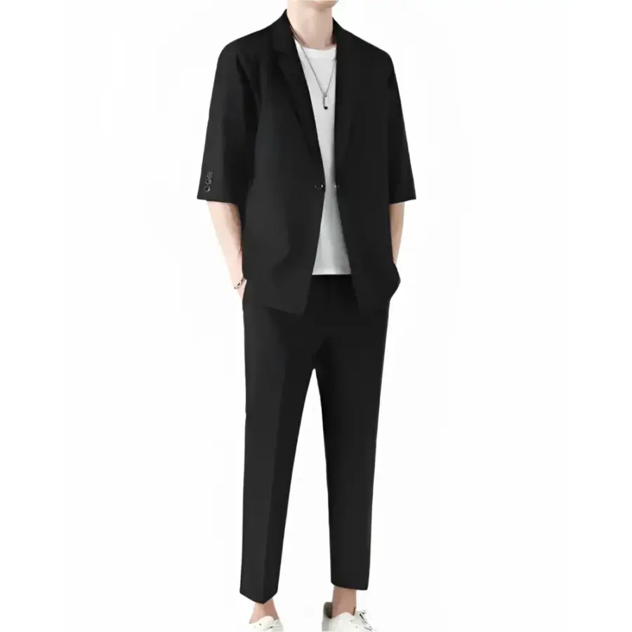 Old money casual blazer and pants set in black, size S, front view