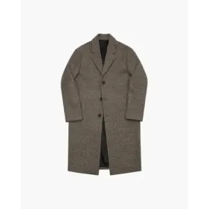 Men's long wool coat front view, straight oversized silhouette, contrasting buttons