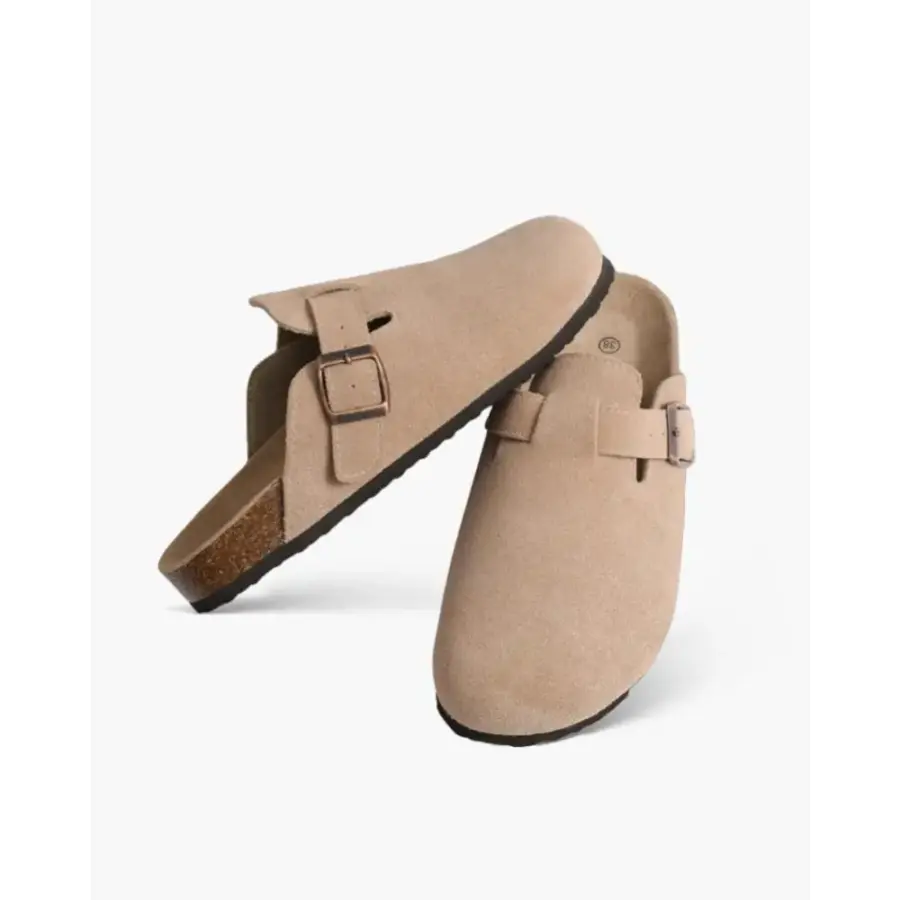 Soft suede clog detail, all-leather insole visible, natural patina