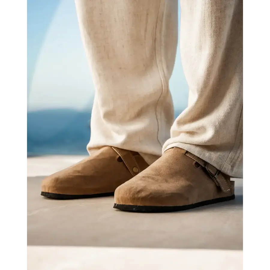 Soft suede clog in beige, three-quarter angle, laceless slip-on design