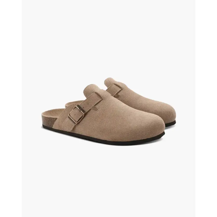 Beige soft suede clog, US 5.5, flat lay on neutral background