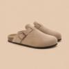 Beige soft suede clog, side view, showing Italian calf upper and structured sole