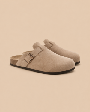 Beige soft suede clog, side view, showing Italian calf upper and structured sole
