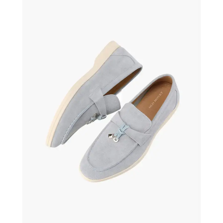 Detail of suede texture and collar stitching on women's slip-on loafers