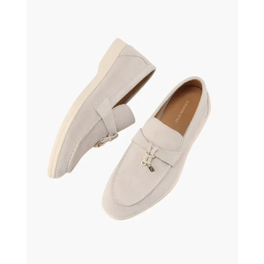 Hand-finished calf suede loafers for women, profile view showing heel structure and sole