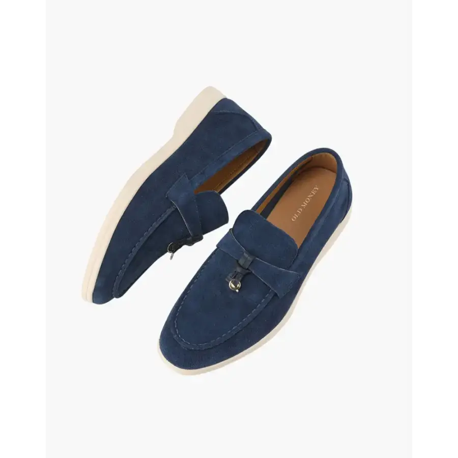 Close-up of suede grain and leather collar on women's comfortable slip-on loafers