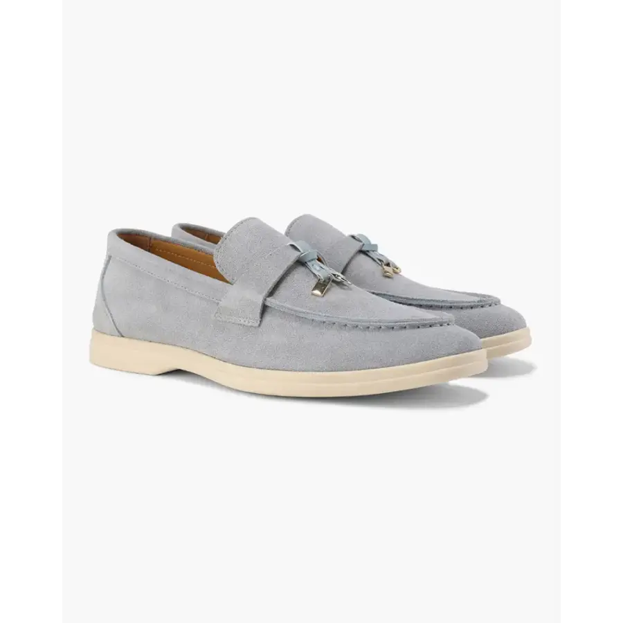 Fog Blue women's suede loafers, demonstrating soft, understated color palette