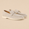 Beige suede loafers for women showing slip-on design and snug leather collar, size EU 35