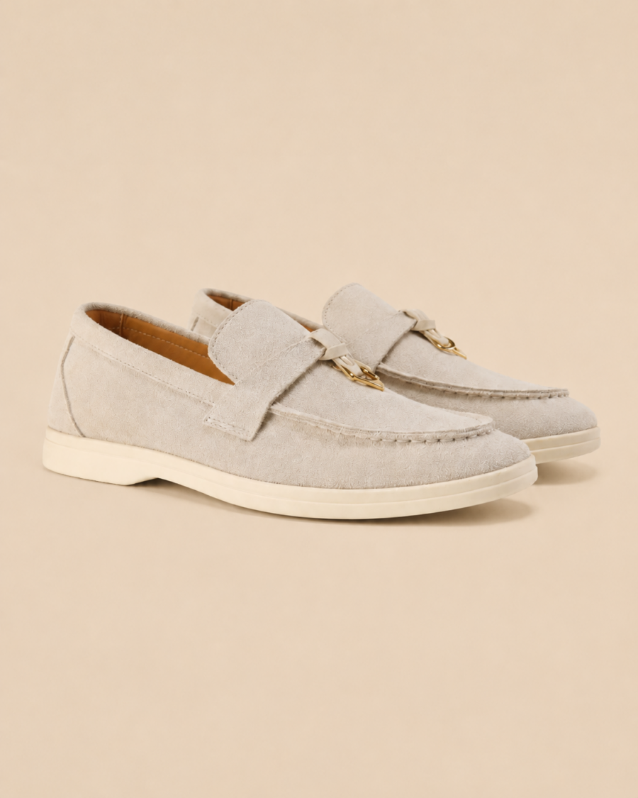 Beige suede loafers for women showing slip-on design and snug leather collar, size EU 35