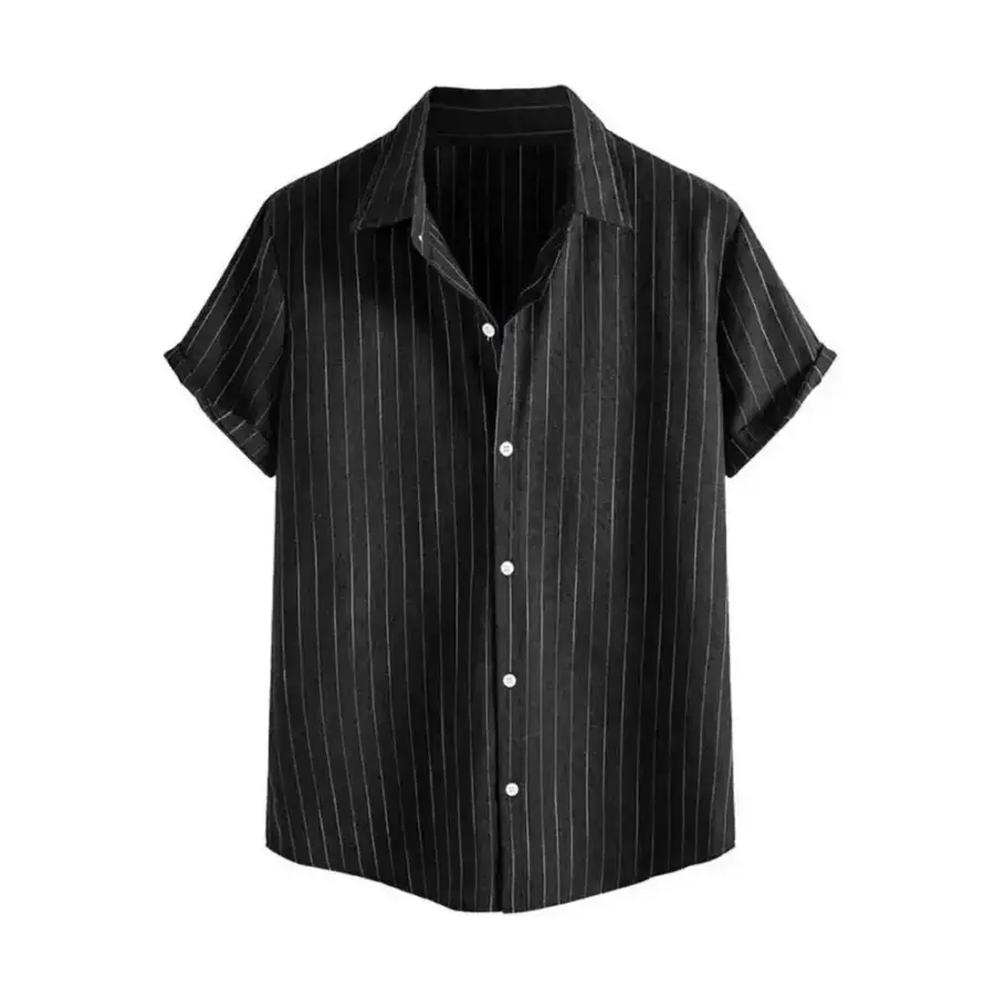 Pinstripe Linen Short Sleeve Shirt - Black / S
