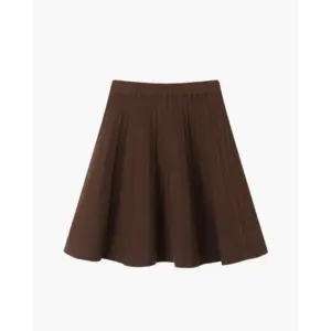 Pleated wool mini skirt in brown, front view showing pleat structure