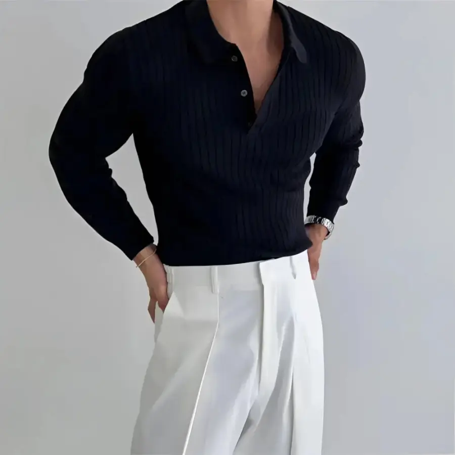 Prestige Ribbed Knit Polo - Black / S
