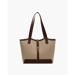Refined canvas shoulder bag in brown, front view showing flap closure and brass turn-lock