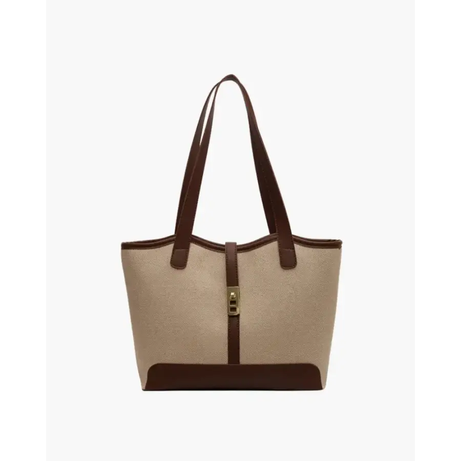 Refined canvas shoulder bag in brown, front view showing flap closure and brass turn-lock