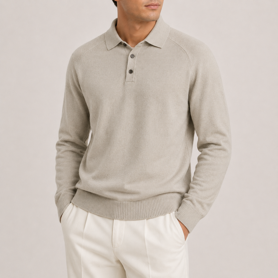 Refined Knit Polo Long Sleeve - Beige XS