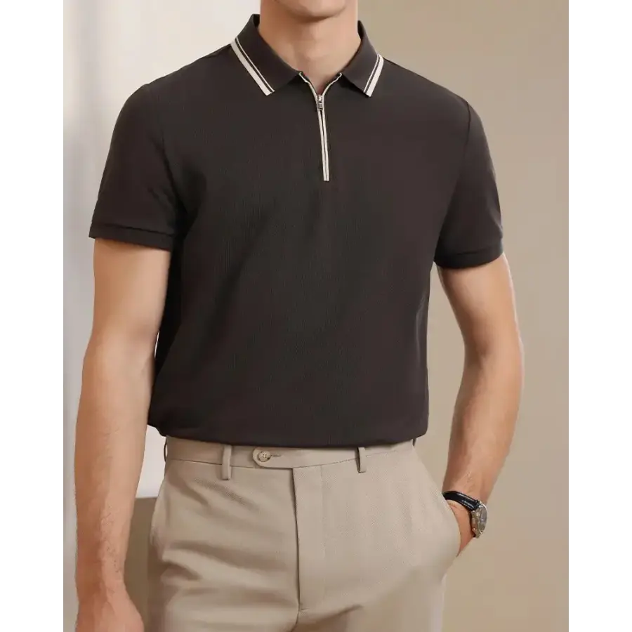 Zip polo layered under sport coat, tailored styling