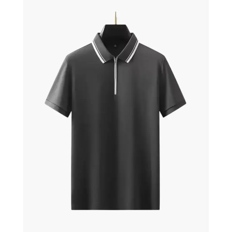 Dark gray cable knit polo, zip collar, side profile